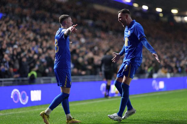 Jay Stansfield and Marvin Ducksch celebrate during Birmingham City's win over Norwich