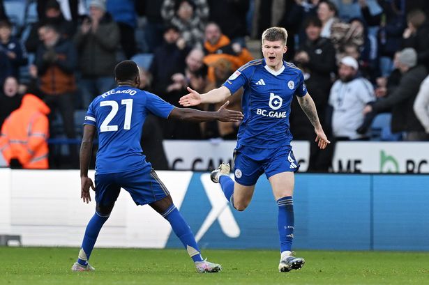 Jordan James of Leicester City celebrates after scoring the team's second goal against Sheffield United
