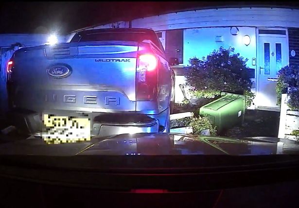 Dashcam footage of the moment James Fitzpatrick crashed a stolen Ford Ranger pickup truck into a house on Granams Croft in Netherton