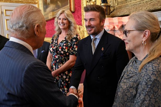 David Beckham shakes hands with Britain's King Charles III, next to Meryl Streep, as they attend the King's Foundation Awards ceremony, on the 35th anniversary of The King's Foundation