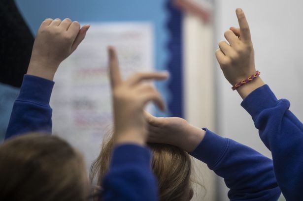 Children with their hands in the air, at school