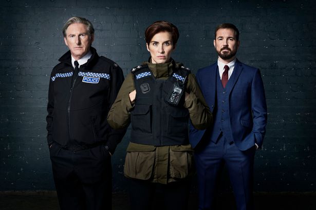 Adrian Dunbar as Ted Hastings, Vicky McClure as Kate Fleming, and Martin Compston as Steve Arnott in BBC drama Line of Duty