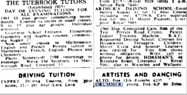 The advert (bottom-right) Paul McCartney responded to in the Liverpool Echo, printed August 10, 1960.