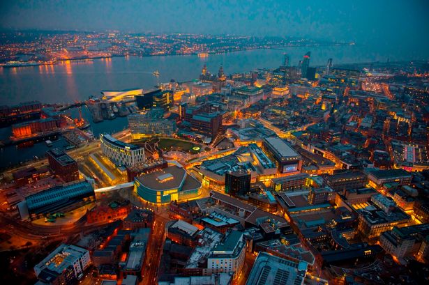 Aerial shot of Liverpool ONE at night time