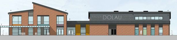 The side of the school with its name on it and figures representing people outside it 