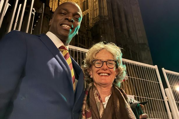 Lord Bailey (left) alongside Kensington and Chelsea Council leader Elizabeth Campbell outside the Houses of Parliament in London, UK