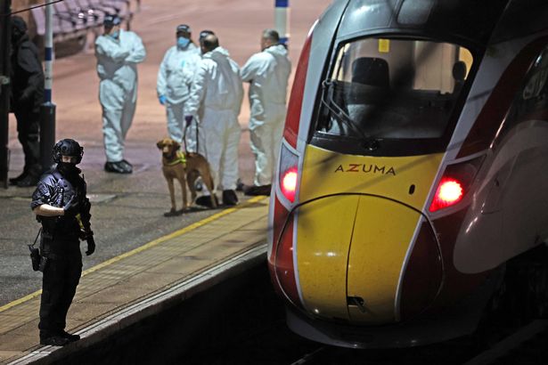 Forensic officers and a search dog on the platform next to the train where passengers were stabbed