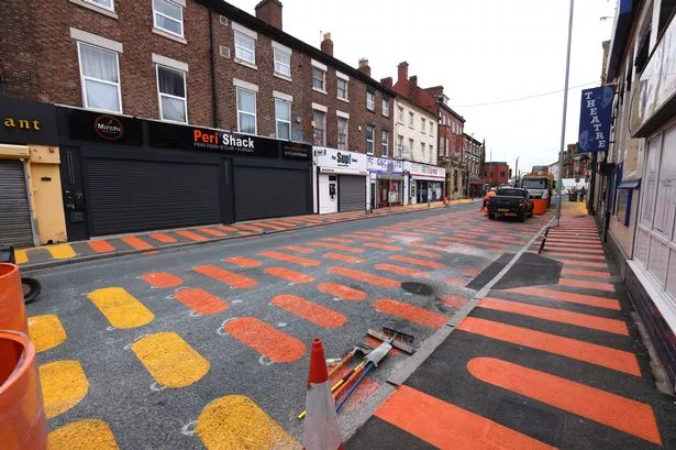 Road markings on Grange Road West in Birkenhead as part of a trial one way street
