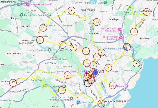 Map of 30 Gregg's stores, 31 miles
