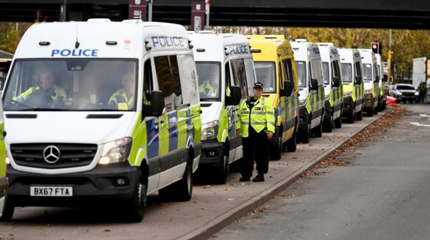 A row of police riot vans in Aston ahead of the Maccabi match