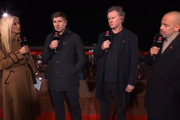 Steven Gerrard (second left) speaks about Liverpool head coach Arne Slot on TNT Sports before tonight's Aston Villa match