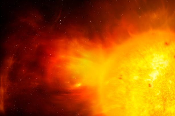 Illustration of a coronal mass ejection (CME) emanating from the Sun. 