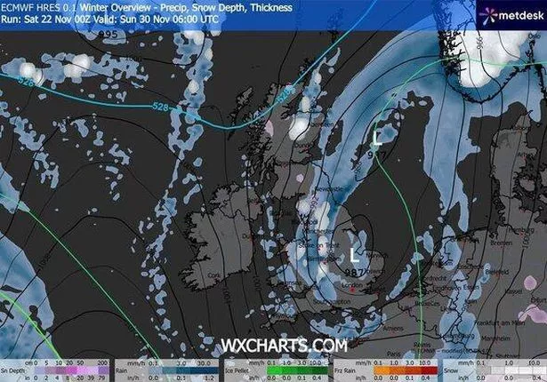 The white patches show areas where snow could fall 