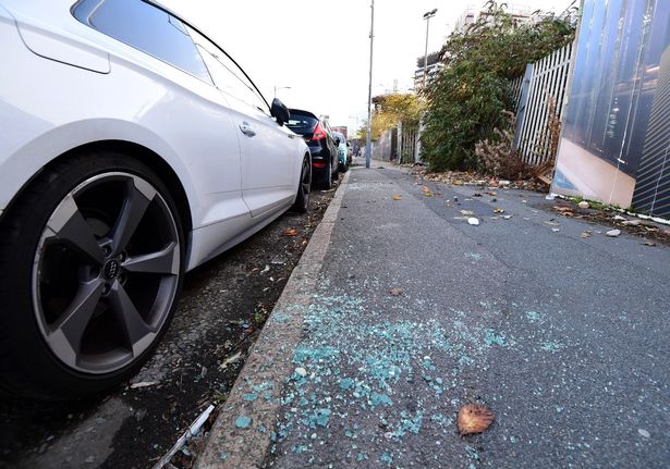 Smashed glass from a car window in the Leeds Street area of Liverpool