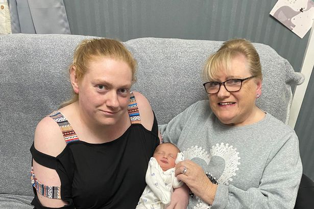 Lynda Flynn (R) gave birth to her daughter Claire (L) 30 years ago who has now just had son Levi