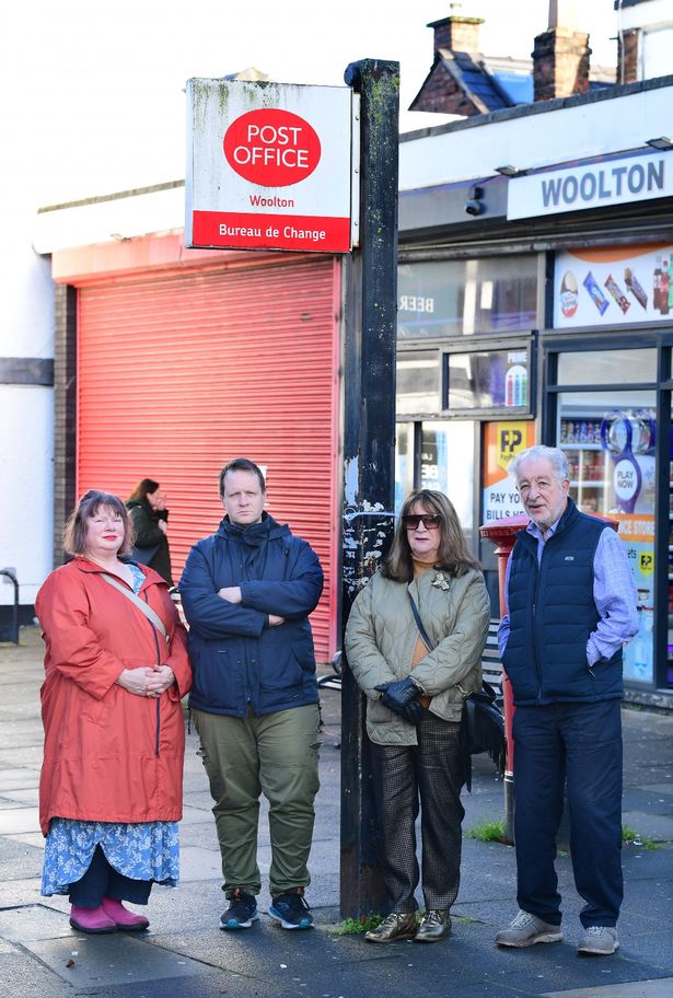 Left to Right: Lucy Antal, 57, Cllr Andy Brown, Margaret Davies, 73, and Stephen Ralph, 85, outside Woolton Post Office. 