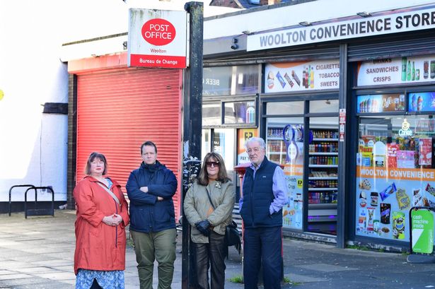 Left to Right: Lucy Antal, 57, Cllr Andy Brown, Margaret Davies, 73, and Stephen Ralph, 85, outside Woolton Post Office. 