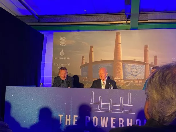 Peaky Blinders creator Steven Knight and Blues chairman Tom Wagner speak to members of the media