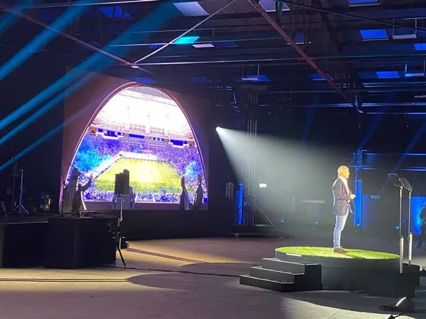 Birmingham City FC chairman Tom Wagner addresses the crowd at the stadium reveal event at Digbeth Loc Studios