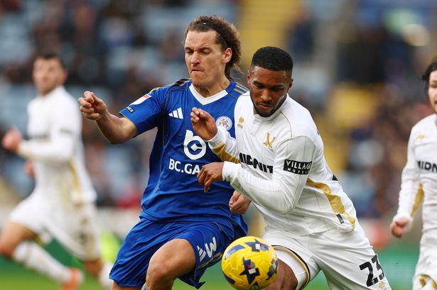 Wout Faes battles with Tyrese Campbell during Leicester City's 3-2 defeat to Sheffield United