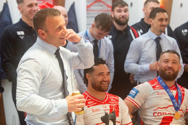 Willie Peters addresses his Hull KR team after their Challenge Cup victory at Wembley.