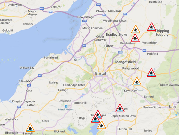 The flood warnings (red) and alerts (orange) shown on the EA's map