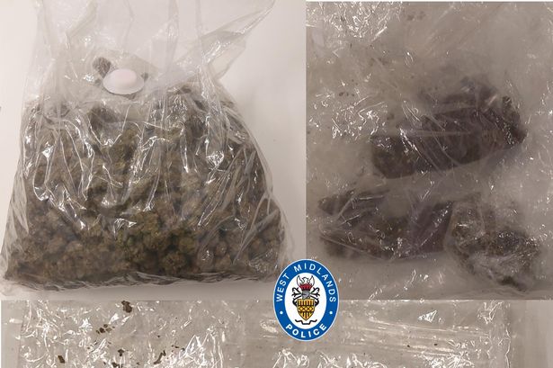 A 'hidden' cannabis find (pictured in three images in clear plastic bags) was made at a home in Gladstone Road in the Stockland Green area of Erdington  