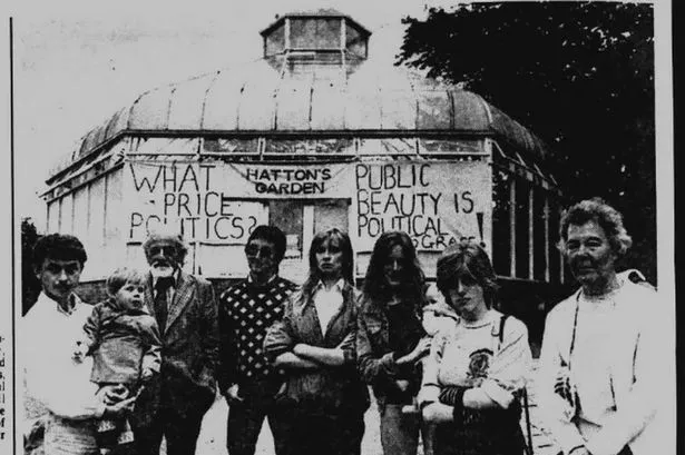 People protesting the closure of the greenhouses in Calderstones Park in the 1980s