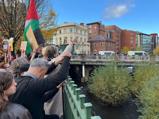Stand Up to Racism protestors chant at UKIP protestors in Sheffield