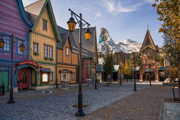 A view of the Nordic inspired buildings in the Frozen themed land