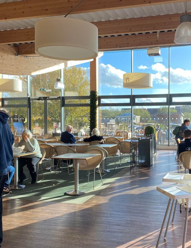 Part of the huge café seating area in the 2pm sunshine 