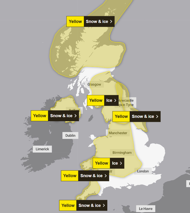 Snow and ice warnings issued by the Met Office on Wednesday (Nov 19)