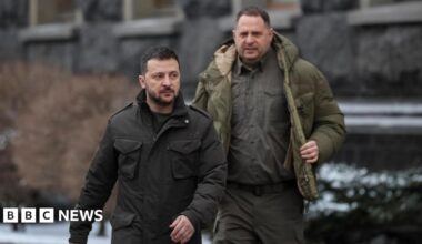 : Ukraine's President Volodymyr Zelenskiy and Head of the Presidential Office Andriy Yermak walk, amid Russia's attack on Ukraine, in Kyiv, Ukraine January 22, 2024.