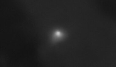 On a largely black background, interstellar comet 3I/ATLAS appears as a white smudge with a semicircular shape at its core. Credit: NASA/JPL-Caltech/University of Arizona