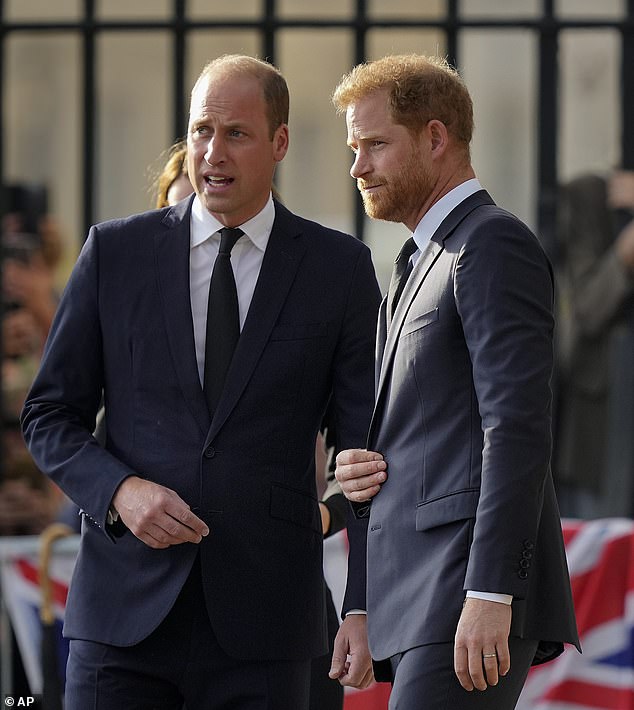 However, unbeknownst to the princes, the man they adoringly called 'Uncle James' had gone from being their mother's instructor to her lover. William (left) and Harry seen together at the late Queen Elizabeth's funeral on September 10, 2022