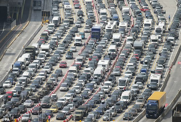 Vehicles queueing at the Port of Dover in Kent. Passengers have been warned that the new biometric tests - which at Dover mean that they have to leave their cars and have their fingerprints and photo taken - could delay their journeys by hours