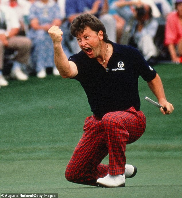 Champ: Ian celebrates winning the 1991 US Masters at the famous Augusta National course
