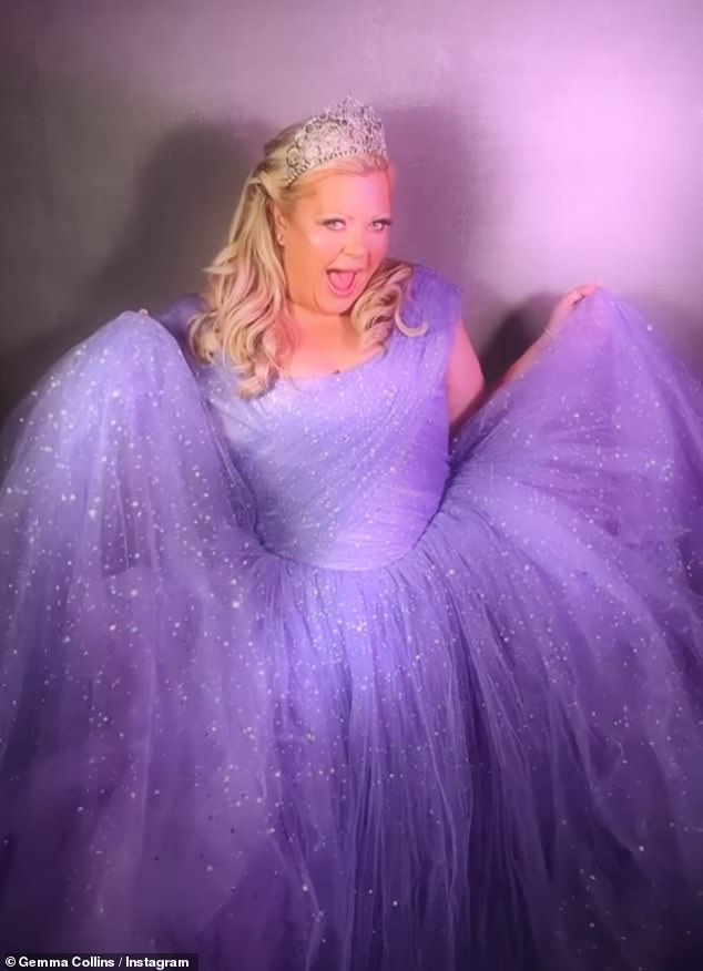 Gemma, who has dropped down from a size 26 to a size 20, dressed as Glinda in a purple glittery corseted tulle gown
