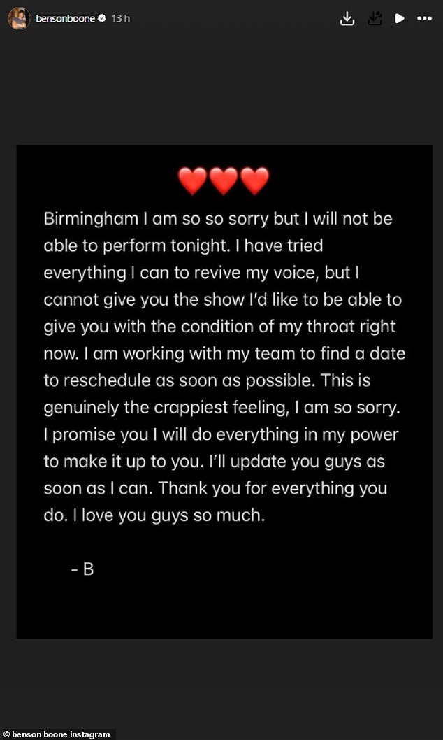 He was due to then perform in Birmingham on Saturday night but took to his Instagram account less then an hour before the start time to say he was too ill to do the gig at the Utilita Arena