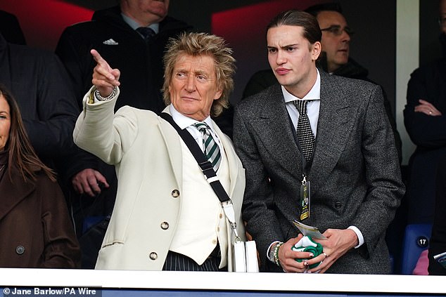 Sir Rod Stewart was spotted with his son Alastair Wallace as they attended the Celtic vs Rangers semi-final match in Glasgow on Sunday
