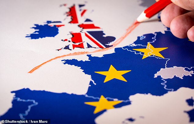 Ministers have no idea what the majority of post-Brexit payments to Brussels have been spent on, a Daily Mail investigation reveals. Pictured: Hand drawing a red line between the UK and the rest of the European Union
