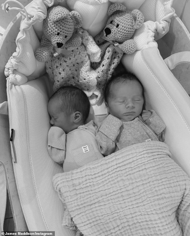 The England footballer, 28, and his model girlfriend shared a sweet black and white photo of their newborns peacefully sleeping and shared their adorable names
