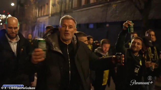 The former Liverpool defender accompanied Dortmund fans outside the Etihad ahead of the fixture
