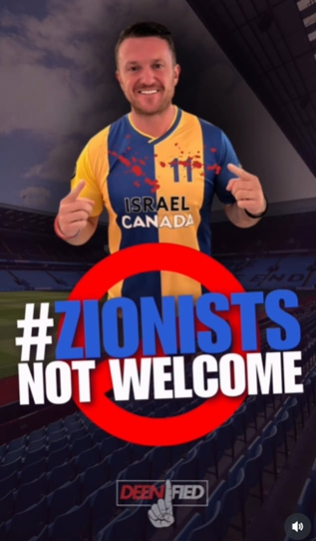 As the video ends, the noise of a clock ticking can be heard with a chilling image of far-right activist Tommy Robinson wearing a Maccabi Tel Aviv football shirt - and a blood spatter across his chest