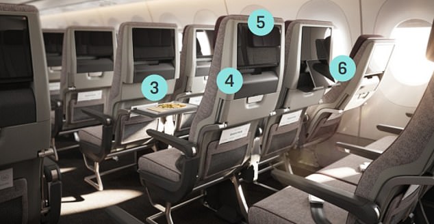 The economy seats (pictured) will have multi-use seatback tables