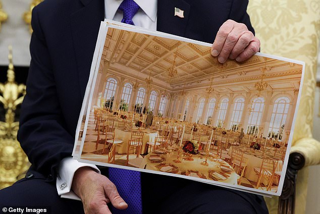 The White House released a list of ballroom donors on October 23. Here, Trump holds up an architectural rendering of the planned interior
