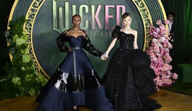 Ariana Grande and Cynthia Erivo swapped their trademark pink and green looks for dark sultry gowns as they attended the UK premiere of Wicked: For Good on Monday