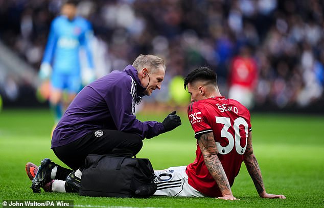 Benjamin Sesko receives treatment at the Tottenham Hotspur Stadium after picking up a knee injury in United's 2-2 draw with Spurs on Saturday