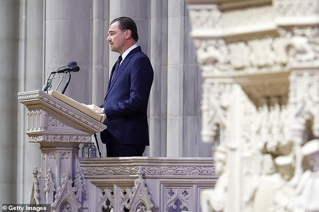 In his eulogy, DiCaprio described Goodall as a 'dear friend' who he remembered 'talking late into the night' with about politics, biodiversity and the next generation over a whiskey