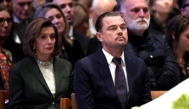 Leonardo DiCaprio paid heartfelt tribute to renowned conservationist Jane Goodall at her funeral in Washington, DC, on Wednesday. He's pictured with fellow mourner Nancy Pelosi.